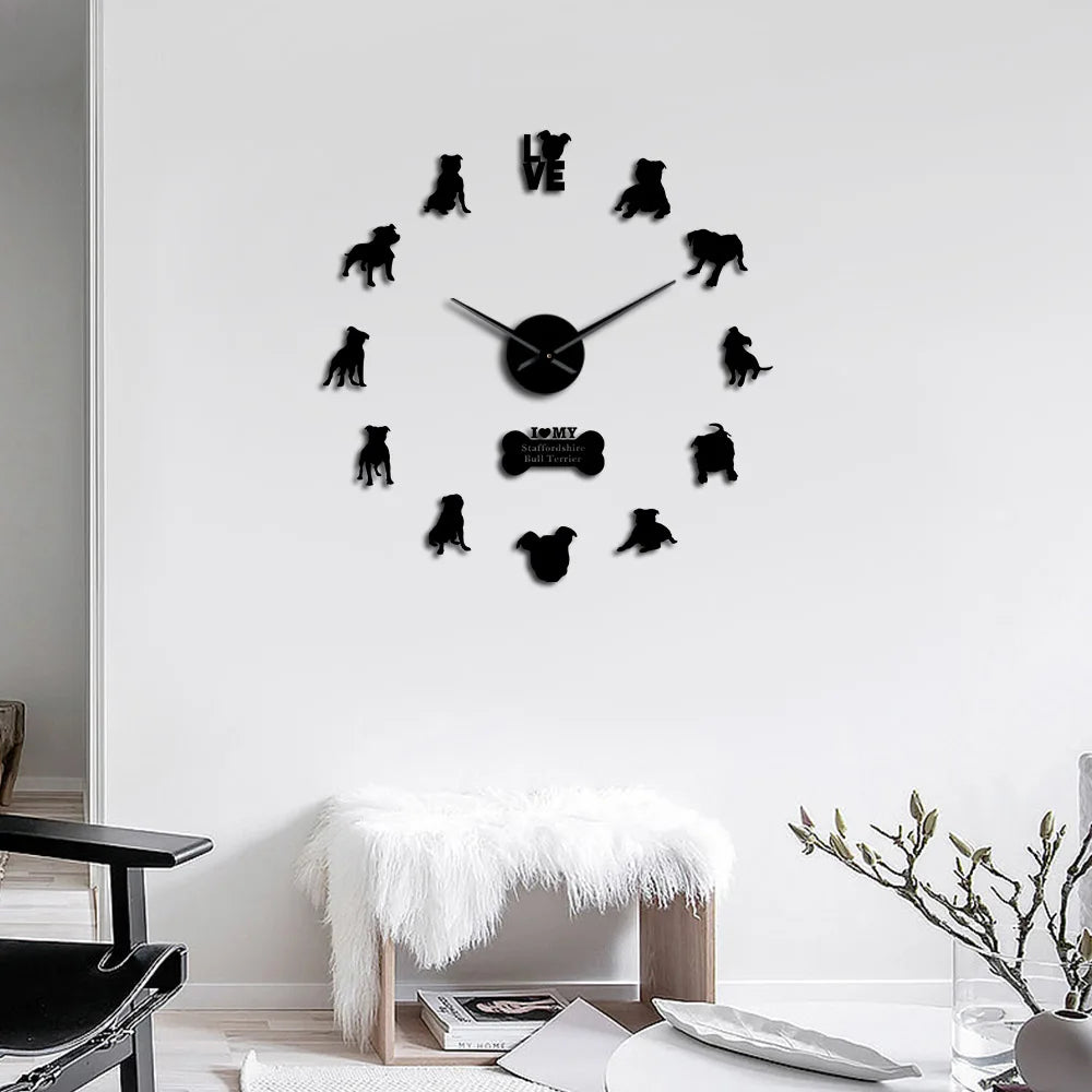 Staffordshire Bull Terrier Breed Wall Clock Smart and Loyal Short-Haired Dog Wall Stickers Frameless DIY Large Watch Room Decor