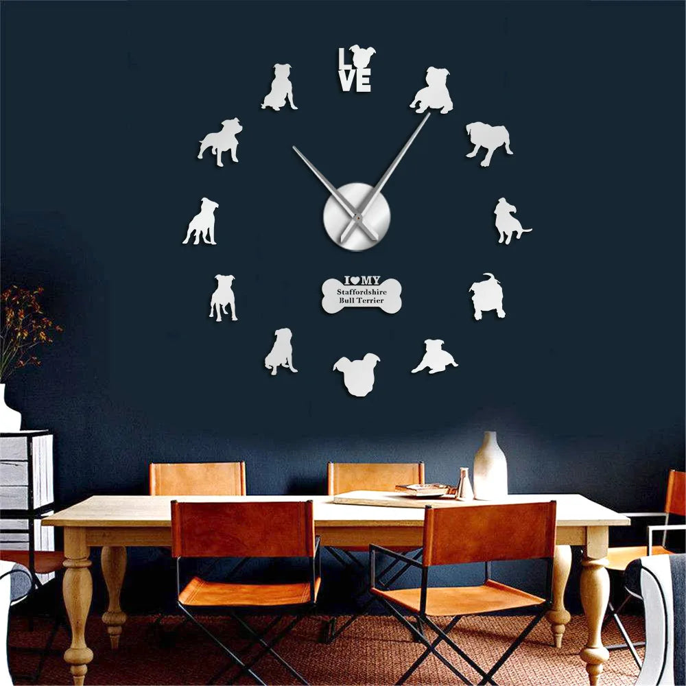 Staffordshire Bull Terrier Breed Wall Clock Smart and Loyal Short-Haired Dog Wall Stickers Frameless DIY Large Watch Room Decor