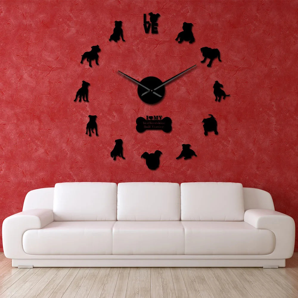 Staffordshire Bull Terrier Breed Wall Clock Smart and Loyal Short-Haired Dog Wall Stickers Frameless DIY Large Watch Room Decor